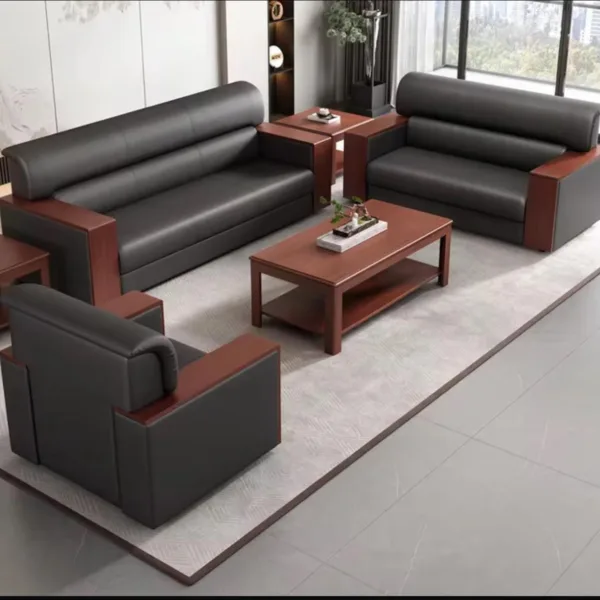 Executive Leather Sofa with Wooden Arms 3+1+1