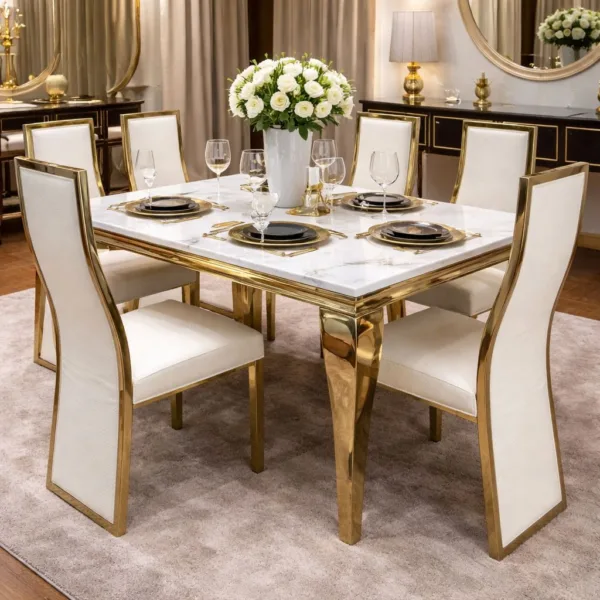 6 Seater Marble Top Dining set
With PU Leather seats with Golden legs