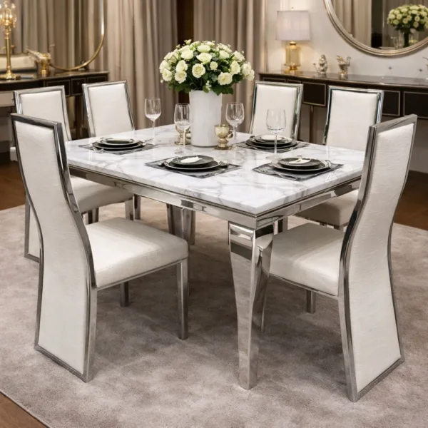 6 Seater Marble Top Dining set
With PU Leather seats with Silver legs